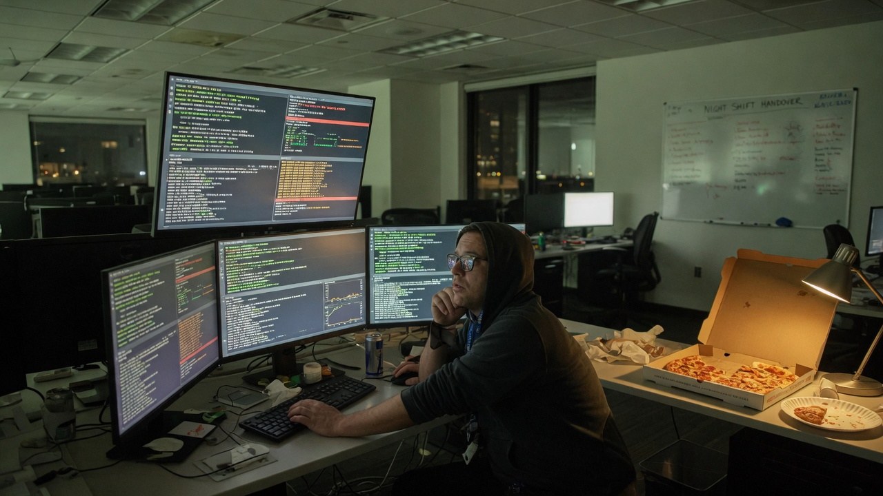 An otherwise empty office at night; one operator in a hoodie watches four monitors of job logs beside an open pizza box.