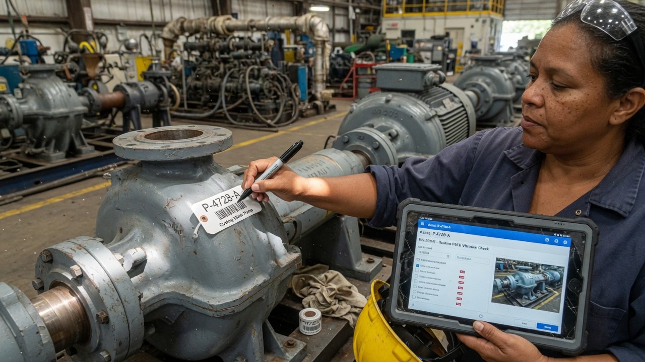 A plant engineer writing an asset tag for a cooling-water pump while holding a tablet with the pump's work order open.
