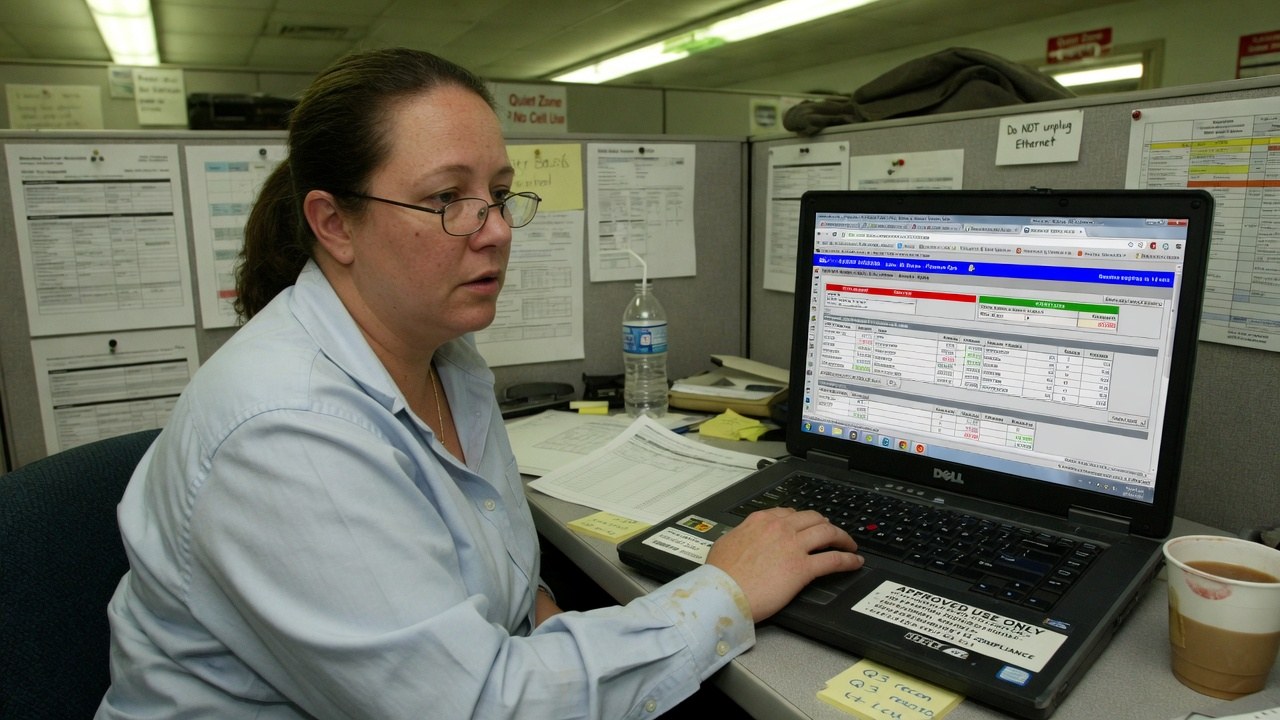 A knowledge worker at a cubicle on a managed laptop with an approved-use asset sticker — the desk end of the browser fleet.
