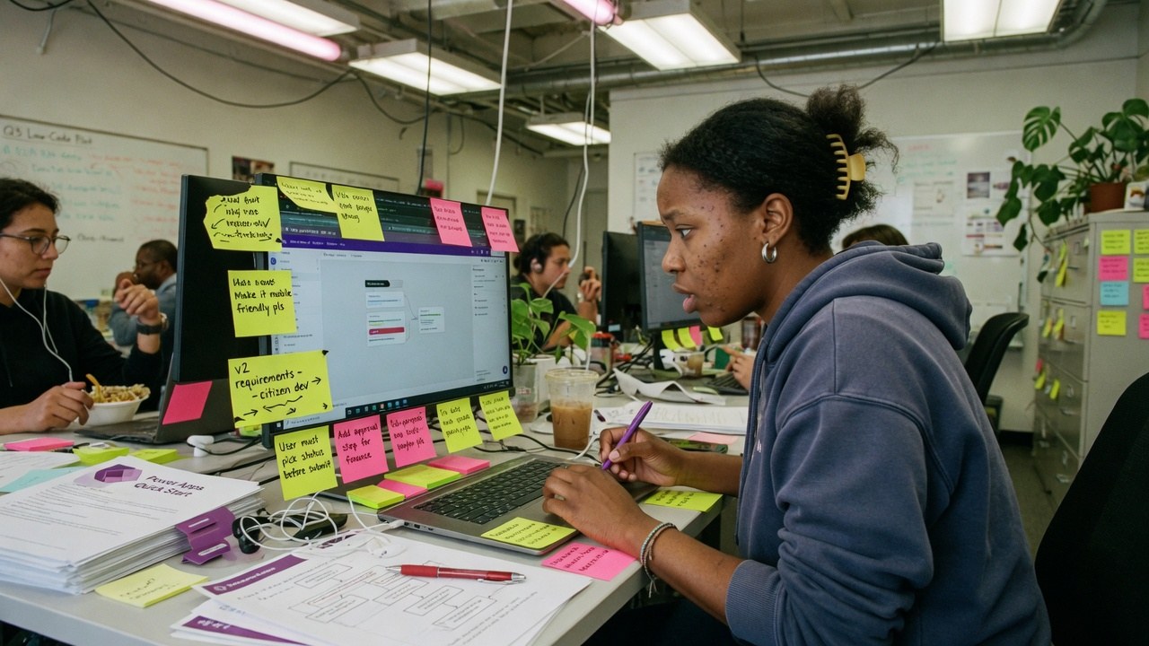 A builder at a desk covered in sticky-note requirements, assembling a form on a large monitor in a fluorescent open office.