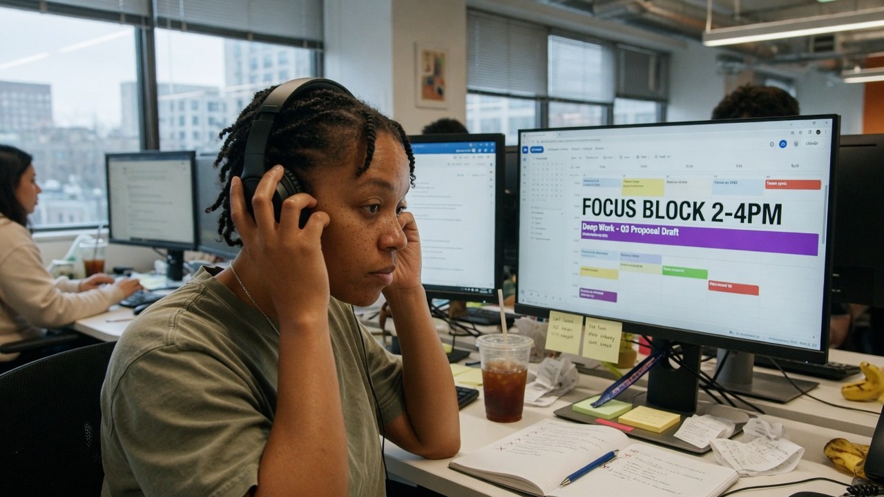 A person putting on headphones at an open-office desk, monitor showing a calendar with a protected afternoon focus block.