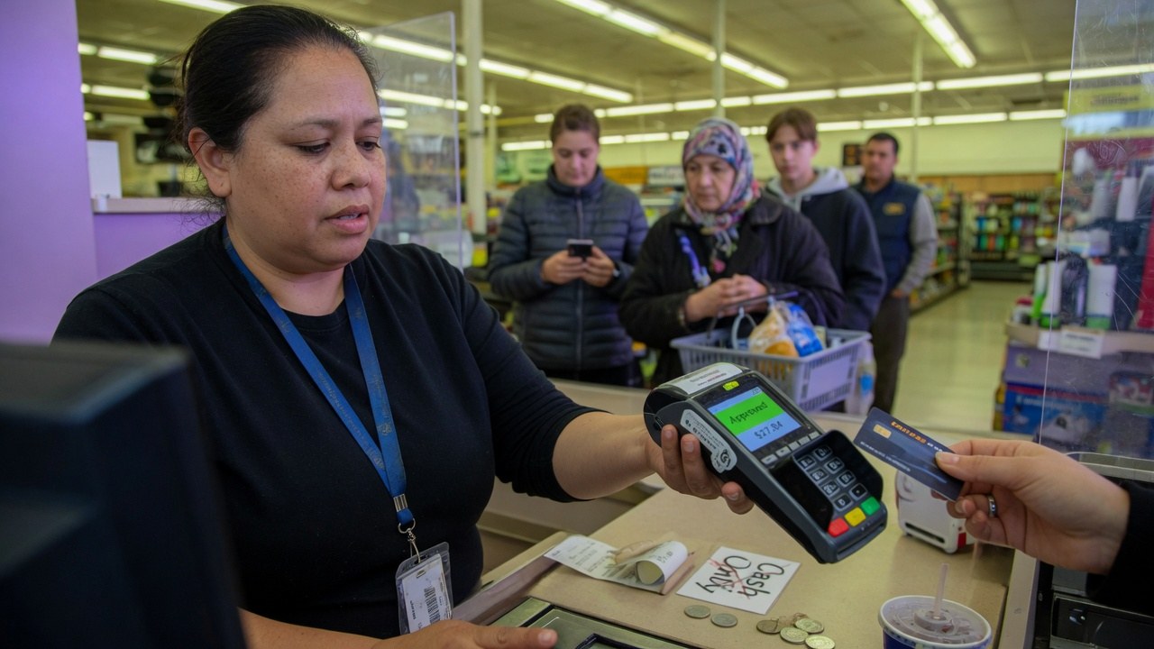 A cashier holding a card terminal showing an approved $27.84 payment while a queue waits behind a plastic divider.
