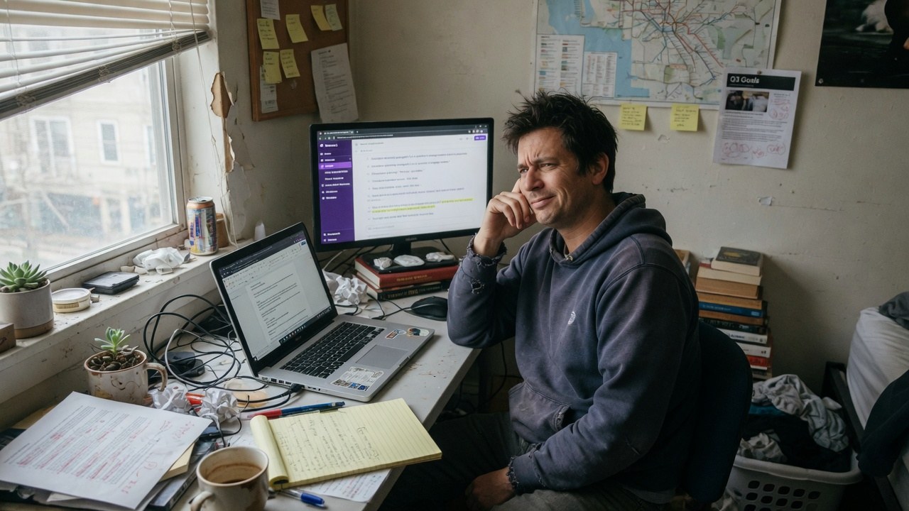 A cluttered working desk with a second monitor showing a support conversation — the everyday surface an in-app assistant sits beside.