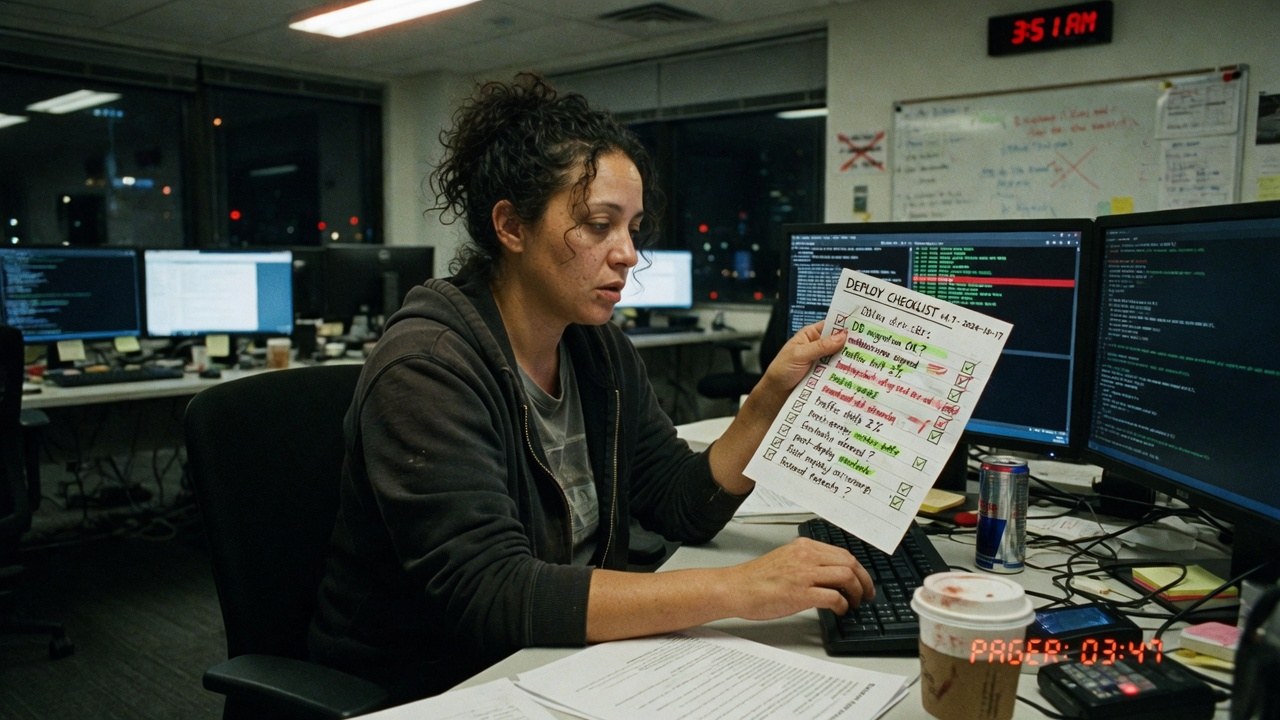 A release engineer at night holding a printed deploy checklist, a wall clock reading 3:51 AM and a pager on the desk.