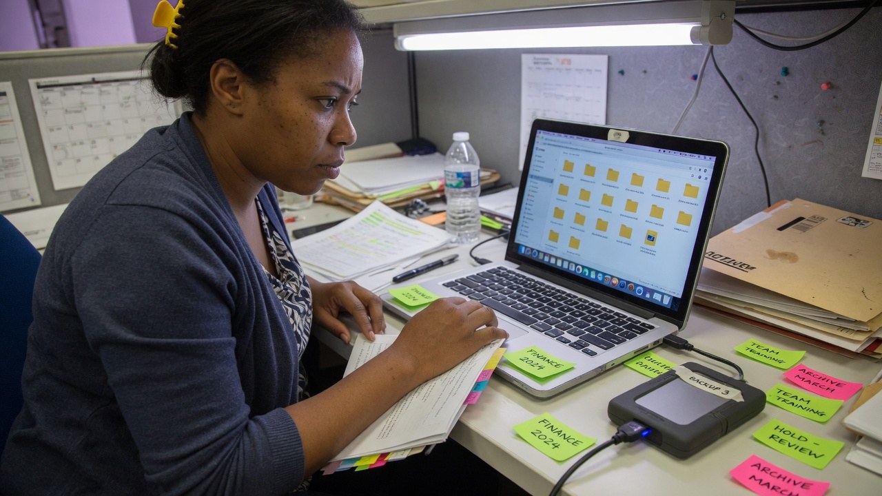 A person at a cubicle desk organising folders on a laptop, sticky-labelled folders and an external backup drive beside it.