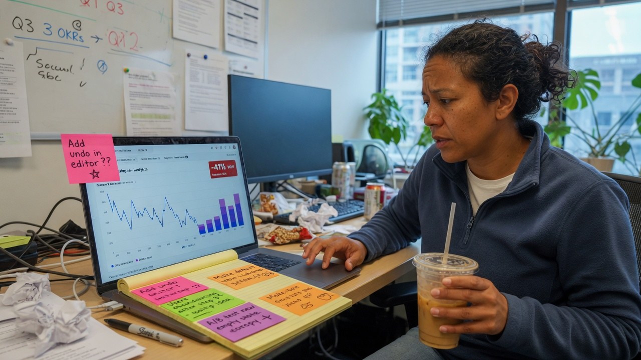 A product manager reviewing an in-product analytics chart on a laptop covered in handwritten sticky notes, a retention dip of −41% week over week on screen.