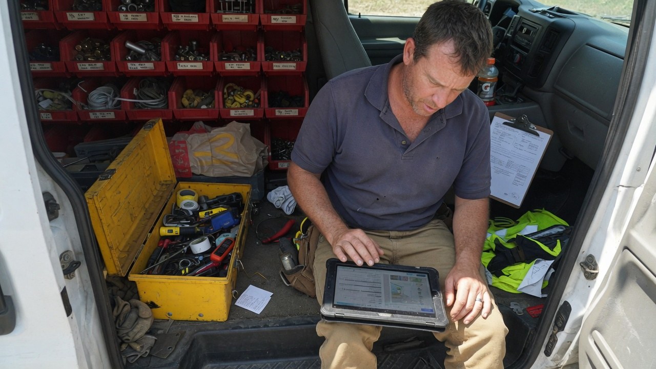 A field technician in a work van checking a job tablet, parts bins and a toolbox behind him.