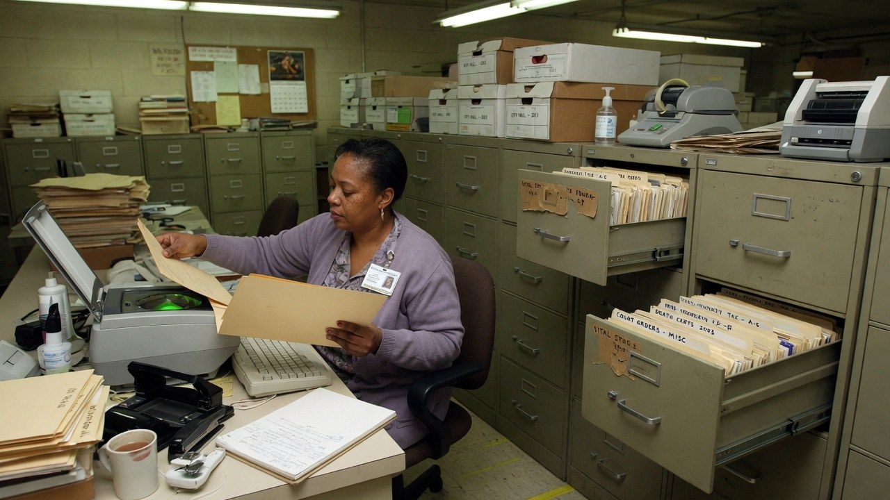 A records clerk scanning paper files into a desktop scanner beside open metal filing cabinets with handwritten folder tabs.