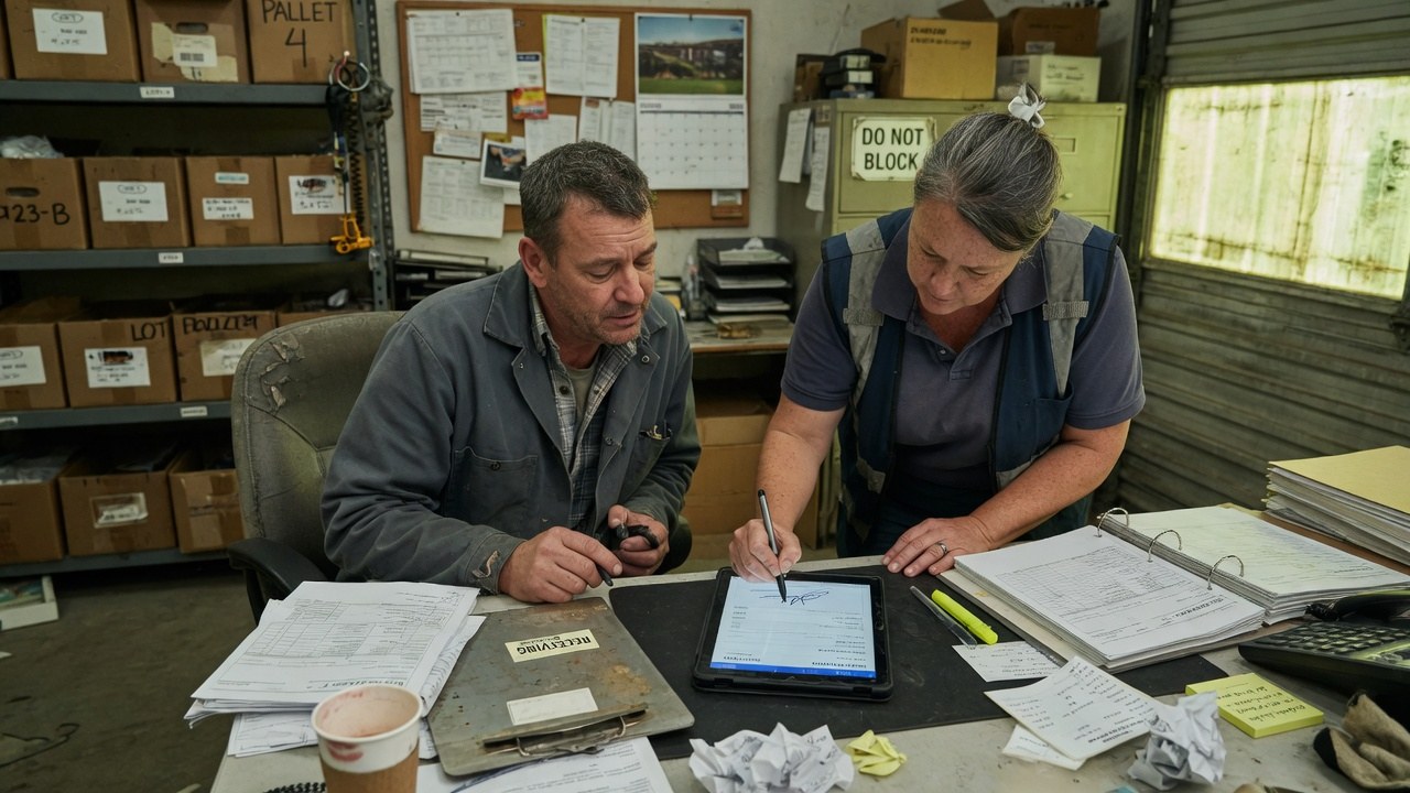 Two people in a stockroom office signing a document on a tablet, surrounded by invoice binders, stacked paper and rubber stamps.