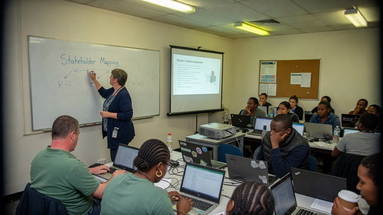 A trainer sketching a stakeholder map on a whiteboard in a classroom full of people on stickered laptops, projector beside her.