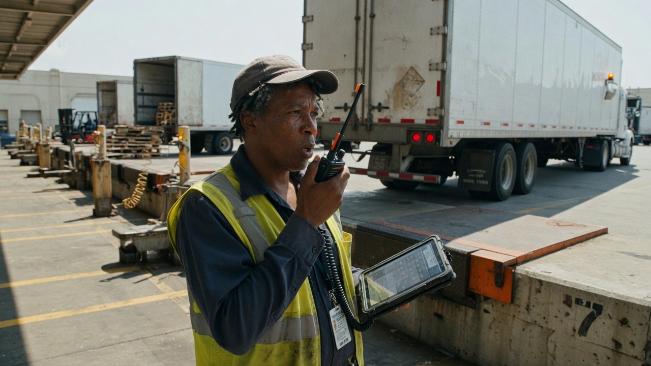 A yard coordinator in a hi-vis vest speaking into a radio with a tablet on his hip as a truck backs into a loading dock.