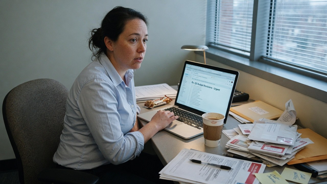 A person at a paper-stacked desk by a window, laptop open on an inbox, coffee and a pile of envelopes beside it.