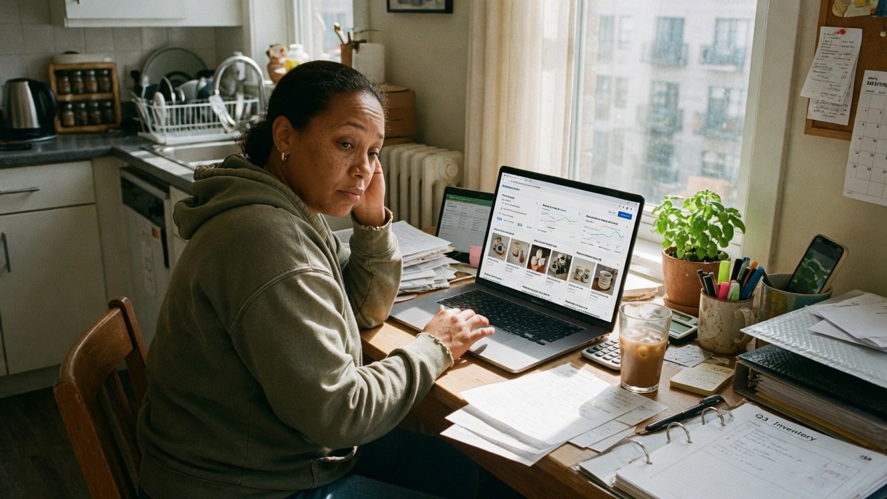 A marketplace seller at a kitchen-table desk turning from a laptop showing a storefront dashboard, an inventory clipboard and calculator beside her.