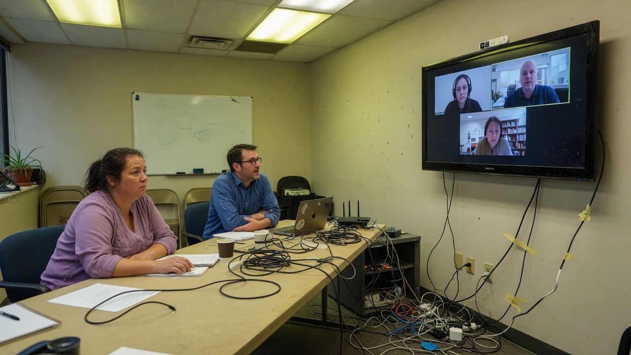 Two people in a small meeting room looking at a wall screen with three remote participants, cables tangled under the table.