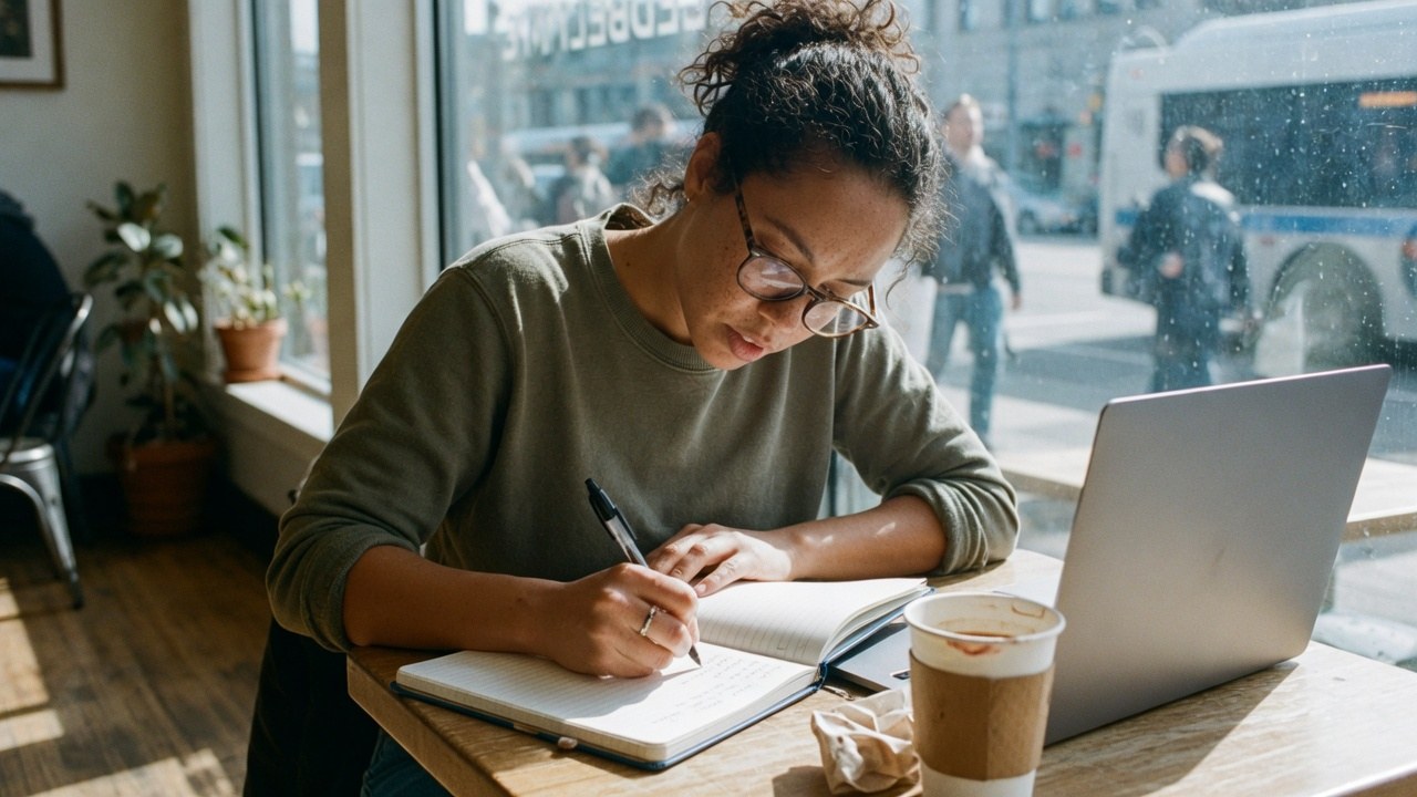 A person writing in a paper notebook at a cafe window table, laptop closed beside a coffee.