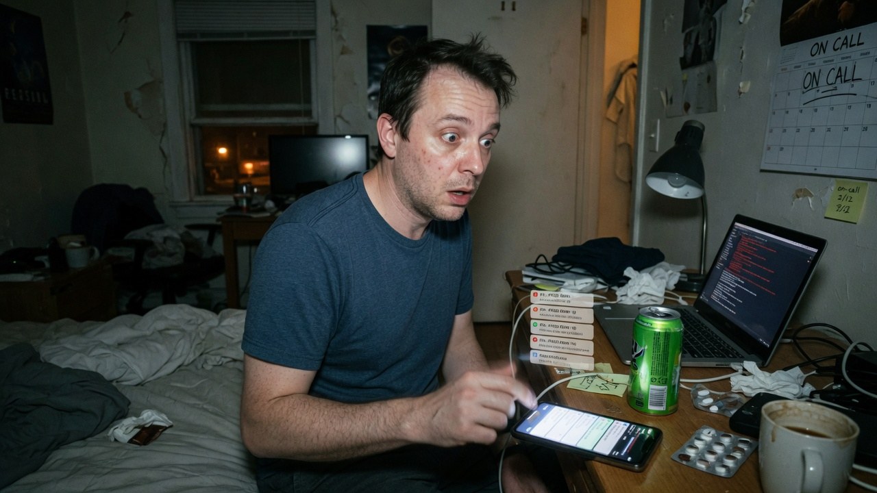 An on-call engineer jolted awake at night, phone buzzing with an alert queue next to a laptop and a wall calendar marked ON CALL.