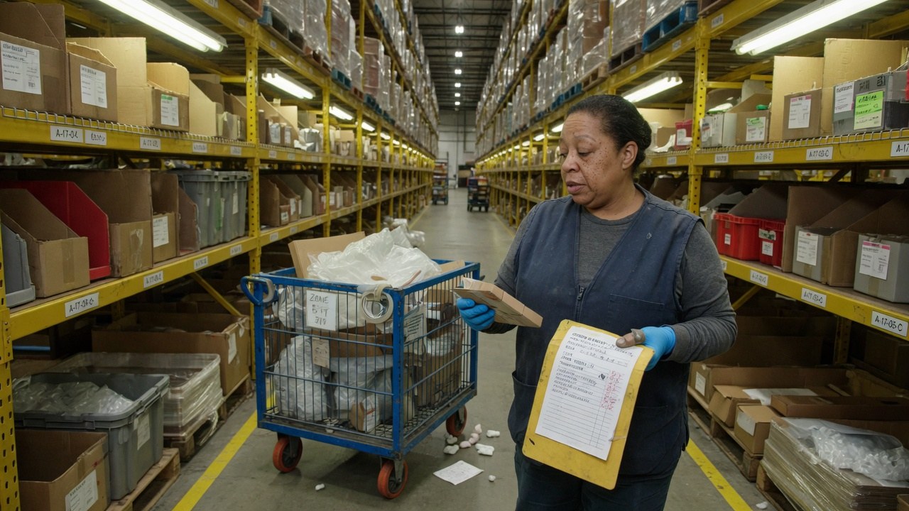 A picker in a warehouse aisle checking a handwritten pick list on a clipboard against a cart of parcels, labelled racks either side.