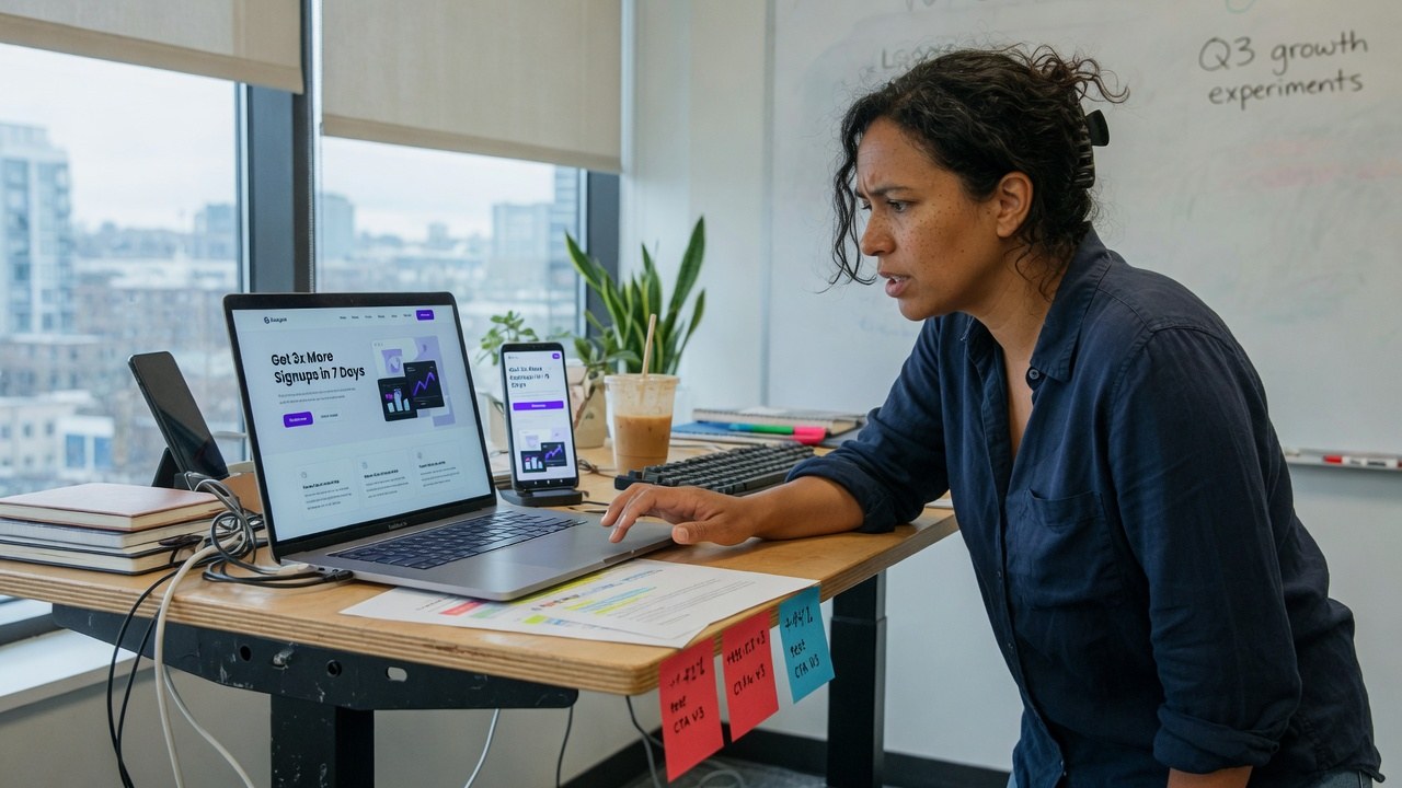 A growth marketer comparing a landing page on a laptop and a phone at a standing desk, test notes on sticky tabs.