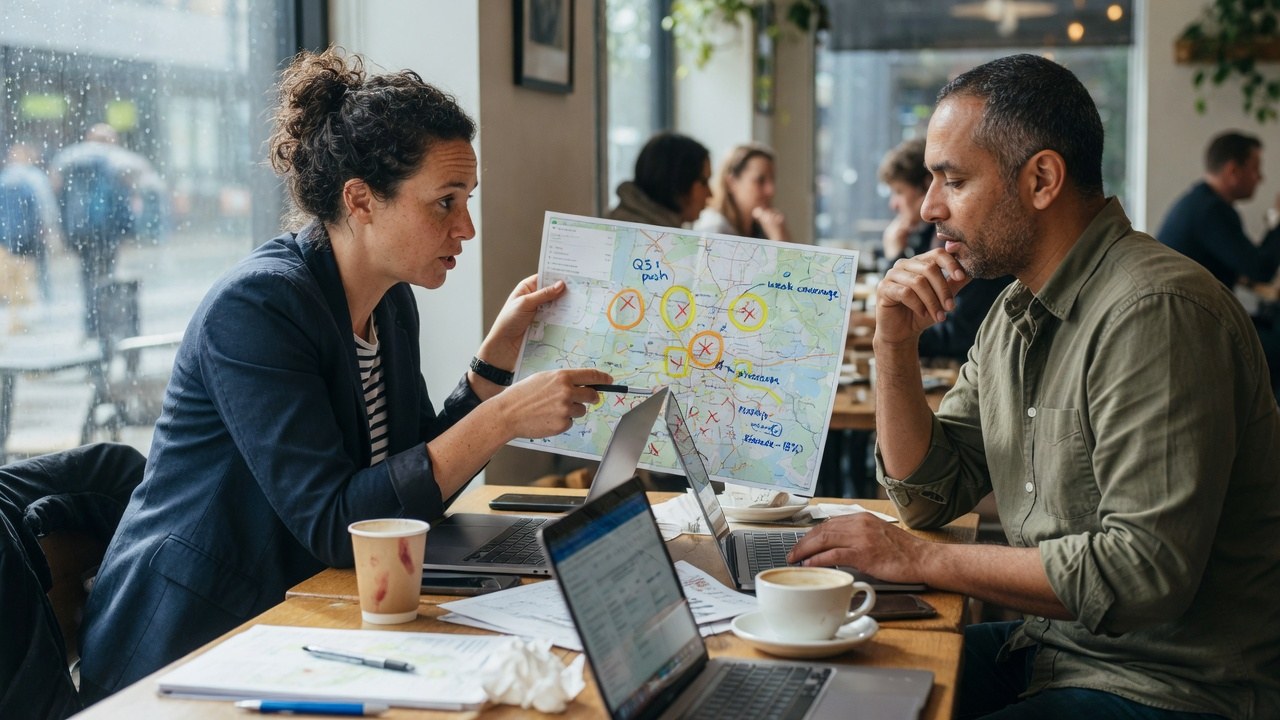 Two people in deep discussion at a cafe table with laptops and a marked-up map between them.
