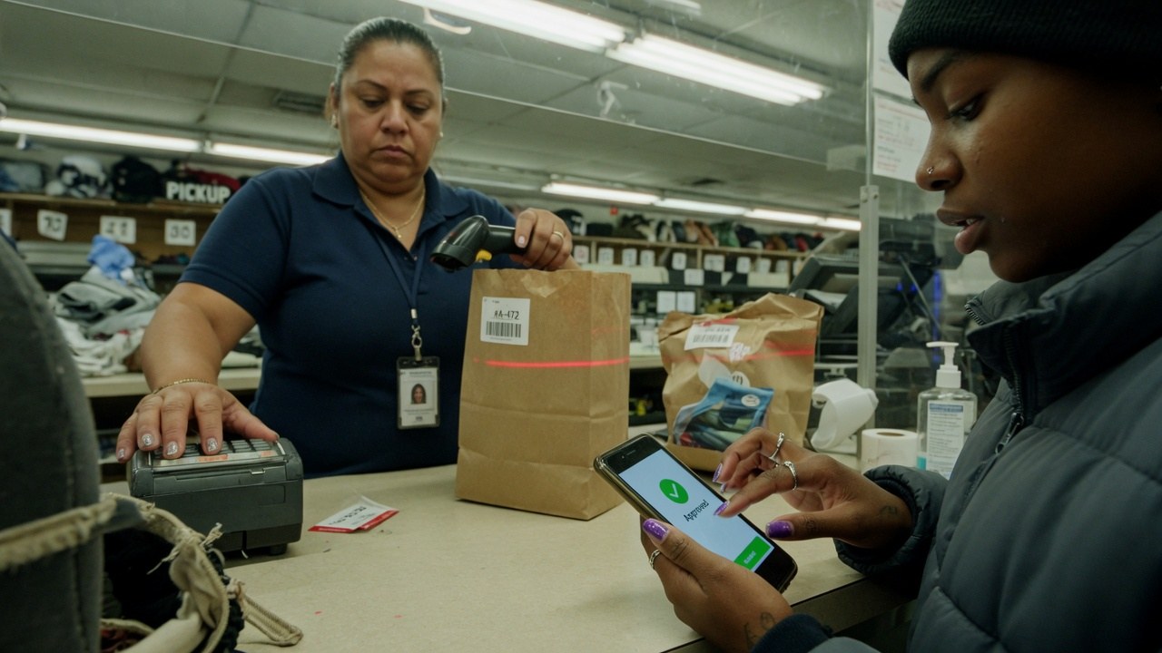 A cashier scanning a paper bag at a store counter while a customer's phone shows a green approved payment screen.