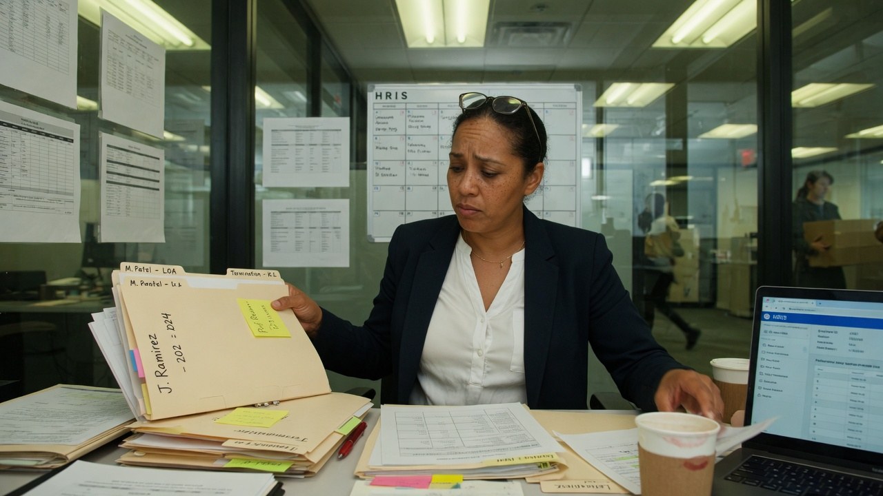 An HR business partner at a paper-covered desk working through a stack of labelled employee folders, a laptop open beside her.