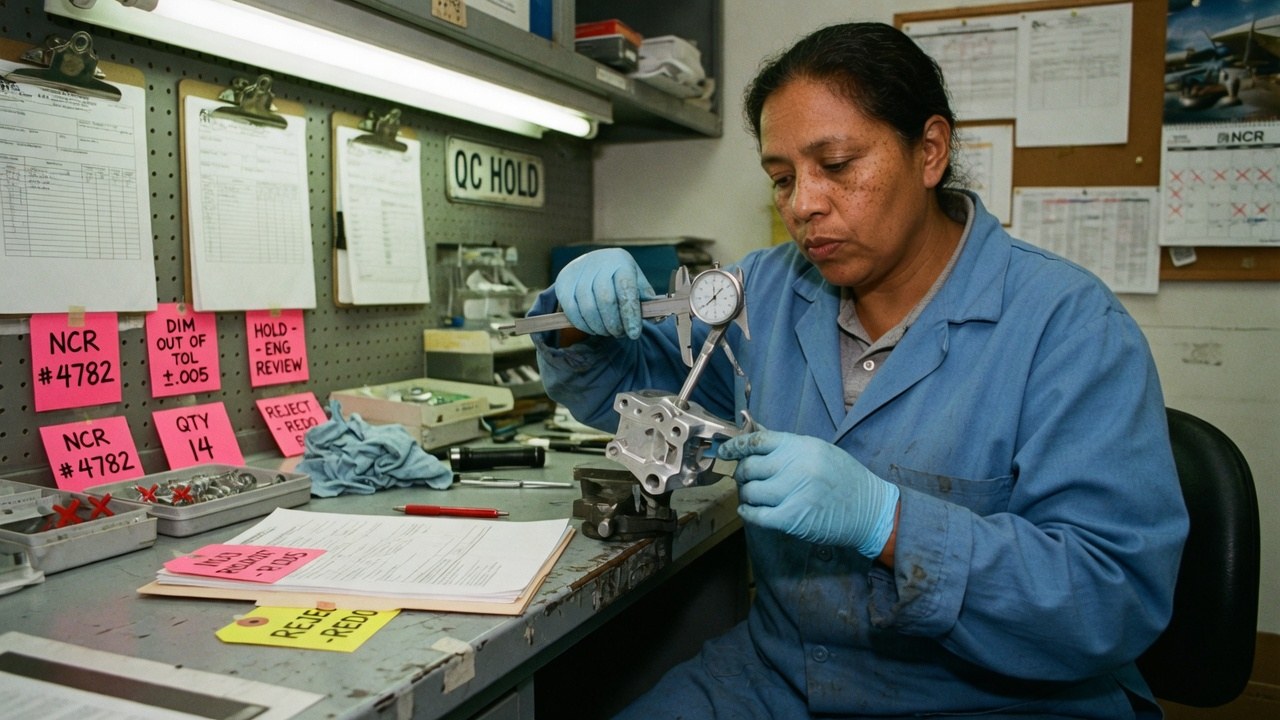 A quality inspector in blue gloves measuring a machined part with dial calipers at a bench covered in NCR and hold tags.