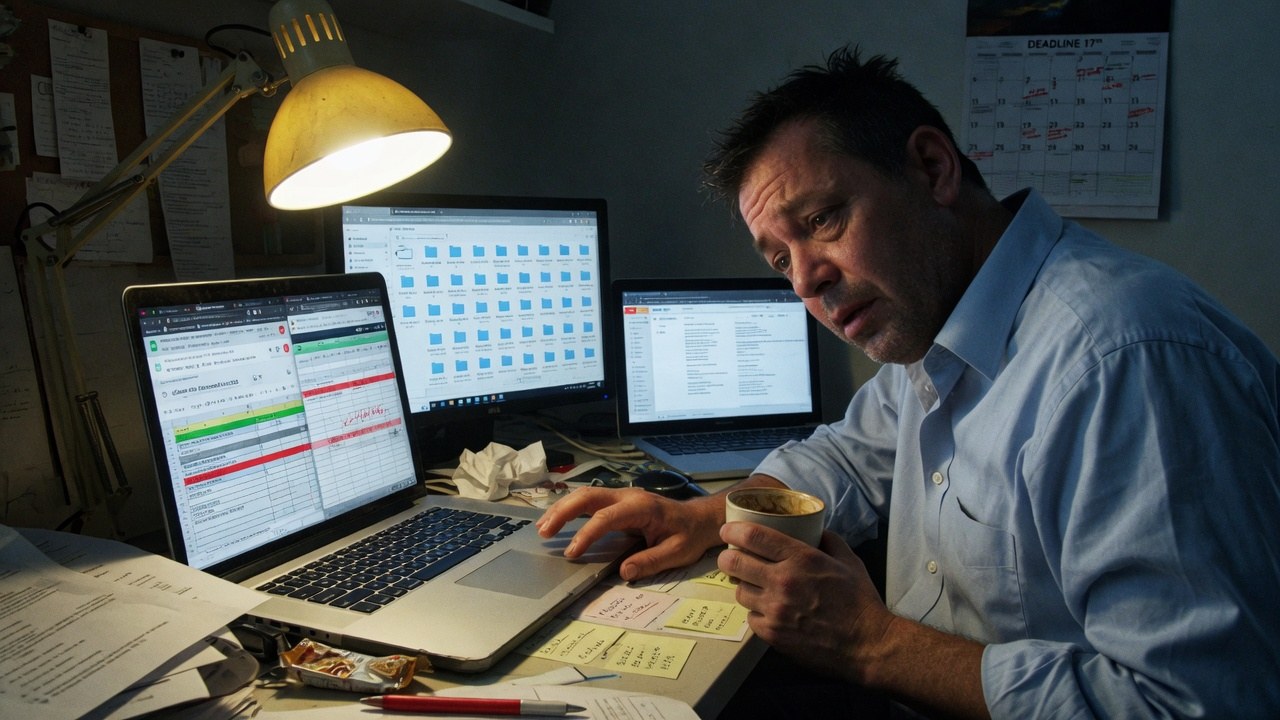 A tired analyst at night under a desk lamp, hunting for a document across several open laptop windows.