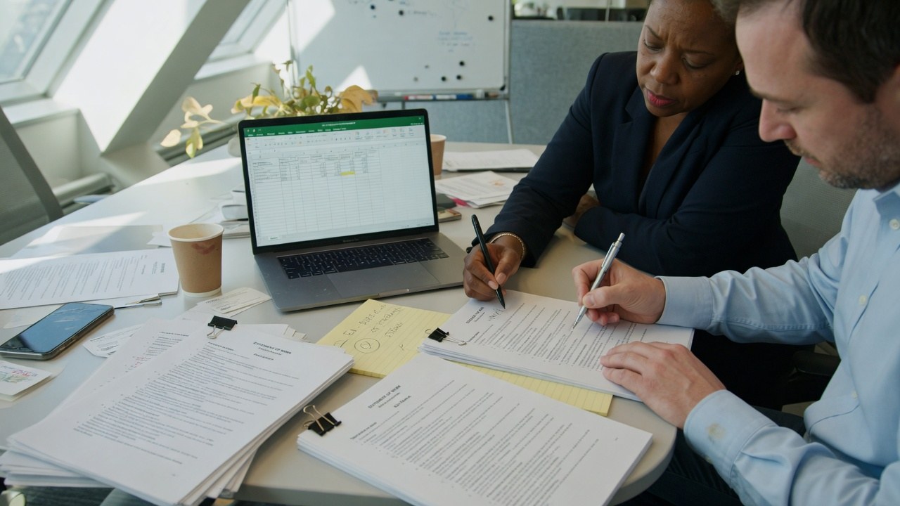 Two people at a table marking up printed statements of work, a laptop with a spreadsheet open beside the papers.