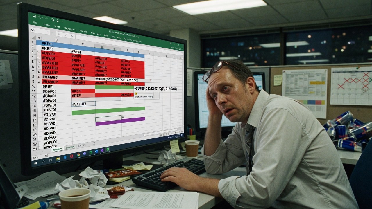 A tired analyst at night in front of a large monitor full of spreadsheet error cells, crushed cans and papers on the desk.