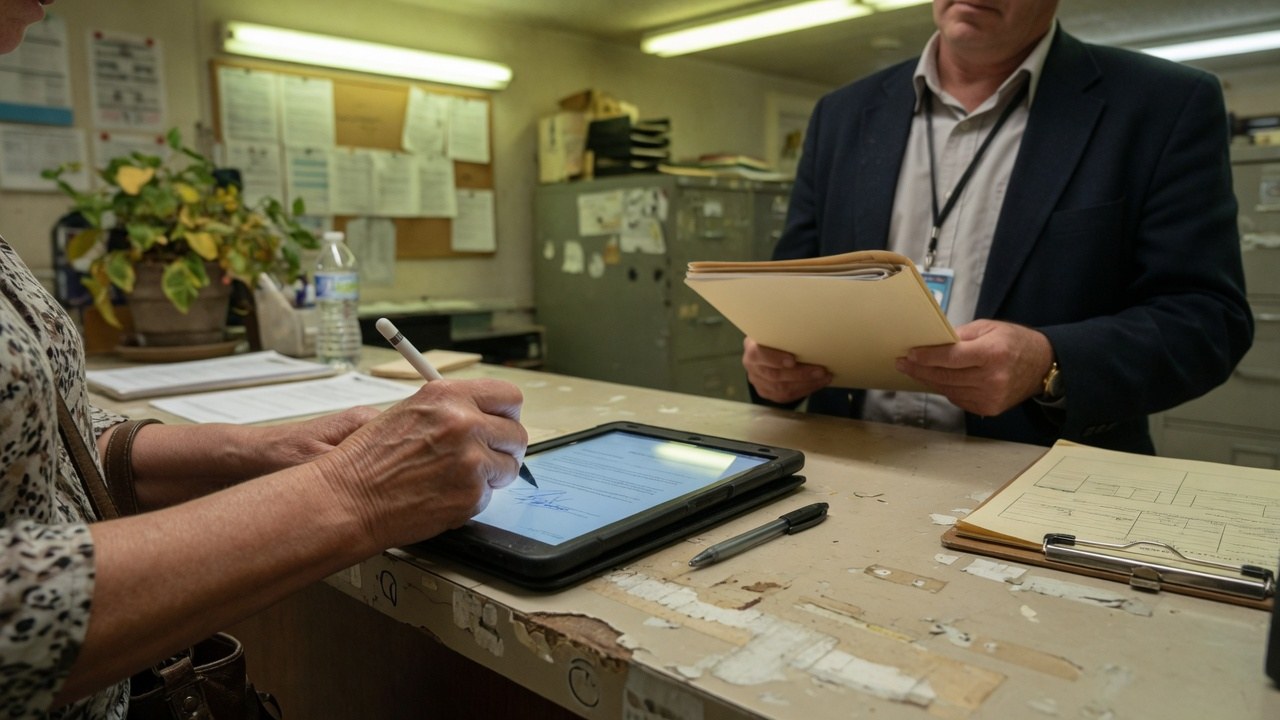 A hand signing a tablet with a stylus at a worn counter, a folder and clipboard beside it — the moment a document actually gets signed.