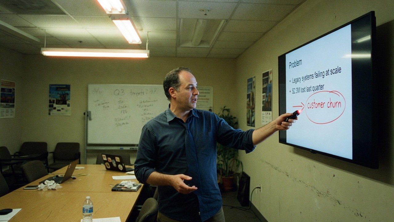 A person rehearsing a pitch alone in a fluorescent conference room, clicker in hand, problem slide on the wall screen.