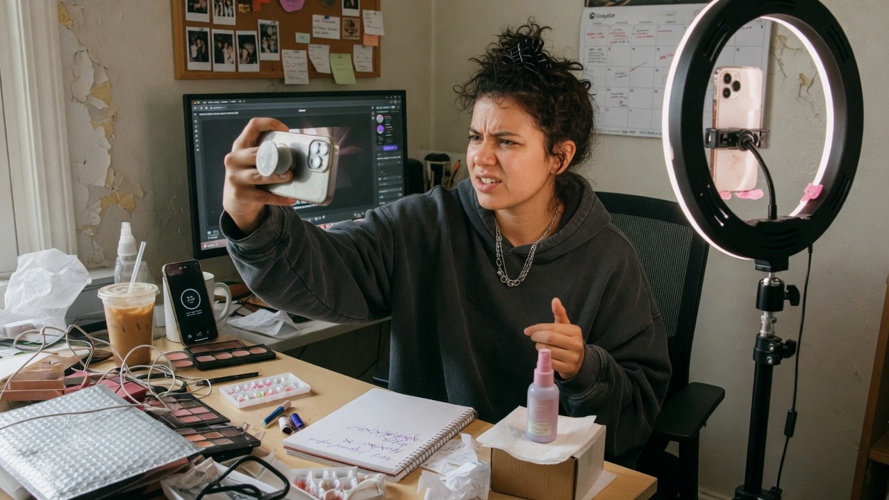 A social manager filming a product clip on a phone with a ring light at a cluttered creator desk.