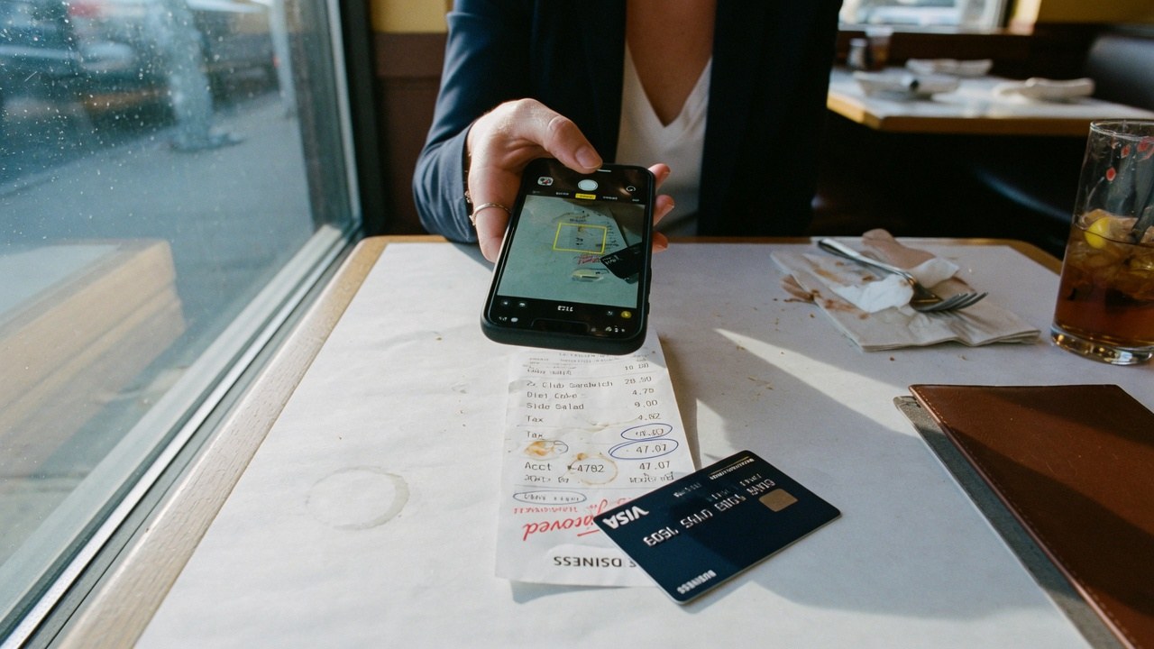 A hand photographing a lunch receipt with a phone at a cafe table, a company card lying beside the bill.