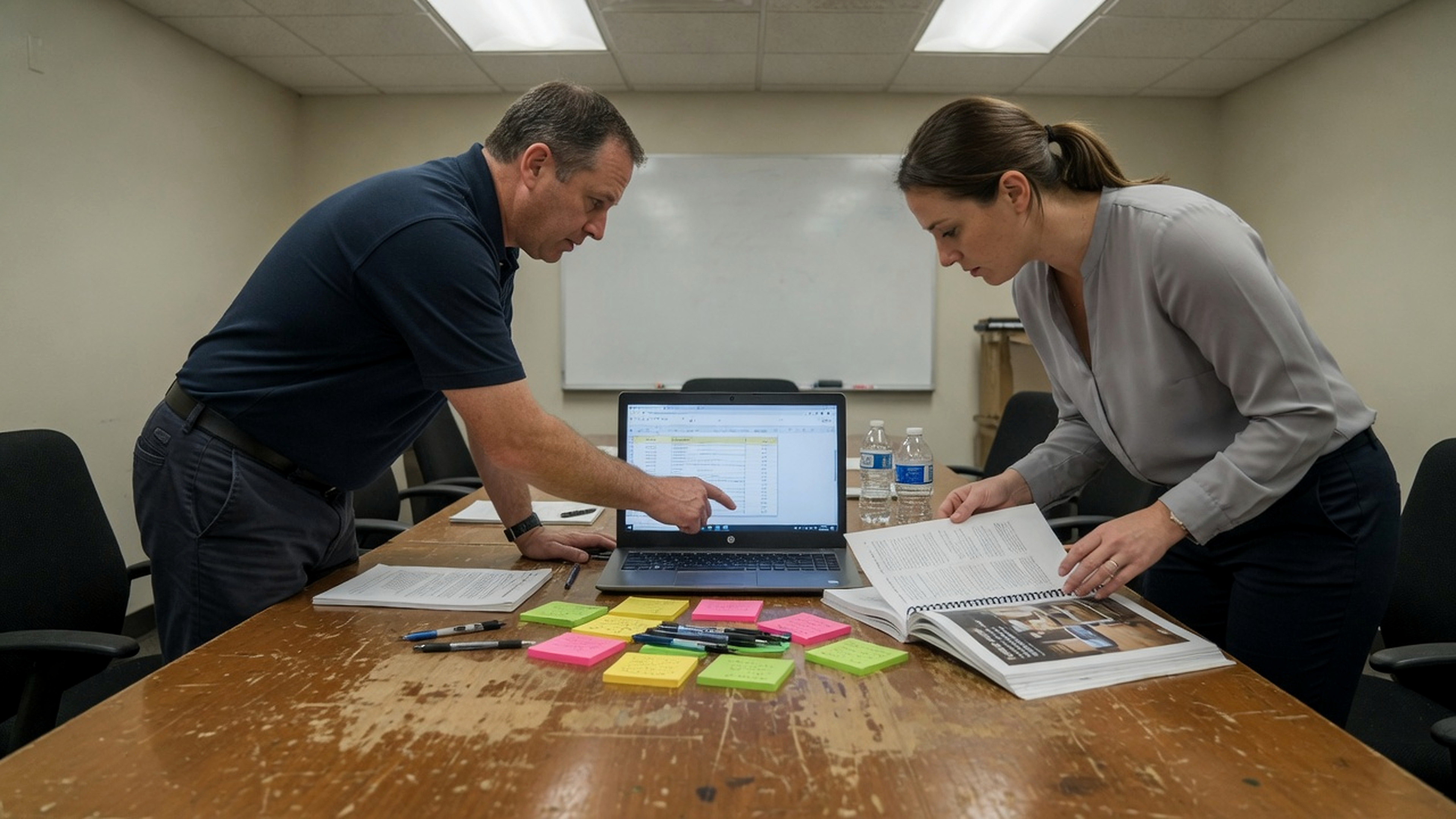 Two people leaning over a scratched conference table, comparing a printed document against a laptop screen — the everyday work of reviewing an account.