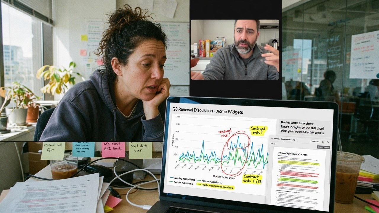 A customer success manager on a video call with a laptop showing a renewal discussion deck annotated with hand-written risk notes.