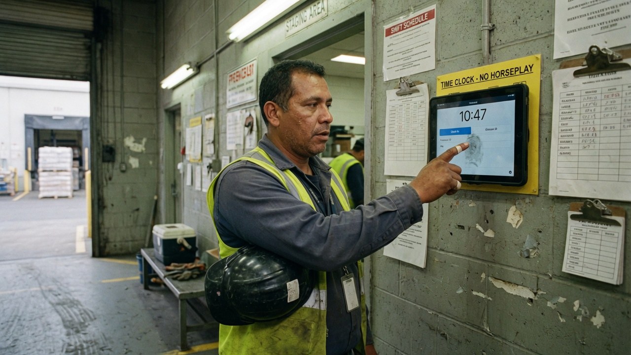 A warehouse worker in a hi-vis vest clocking in at a wall-mounted tablet time clock at 10:47, hard hat under one arm.