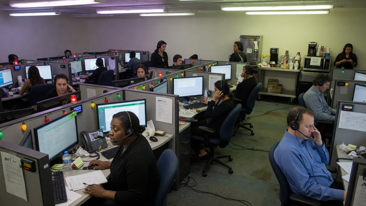 A call floor of cubicles with headsets, desk phones and taped-up reference sheets, agents working queues at their monitors.