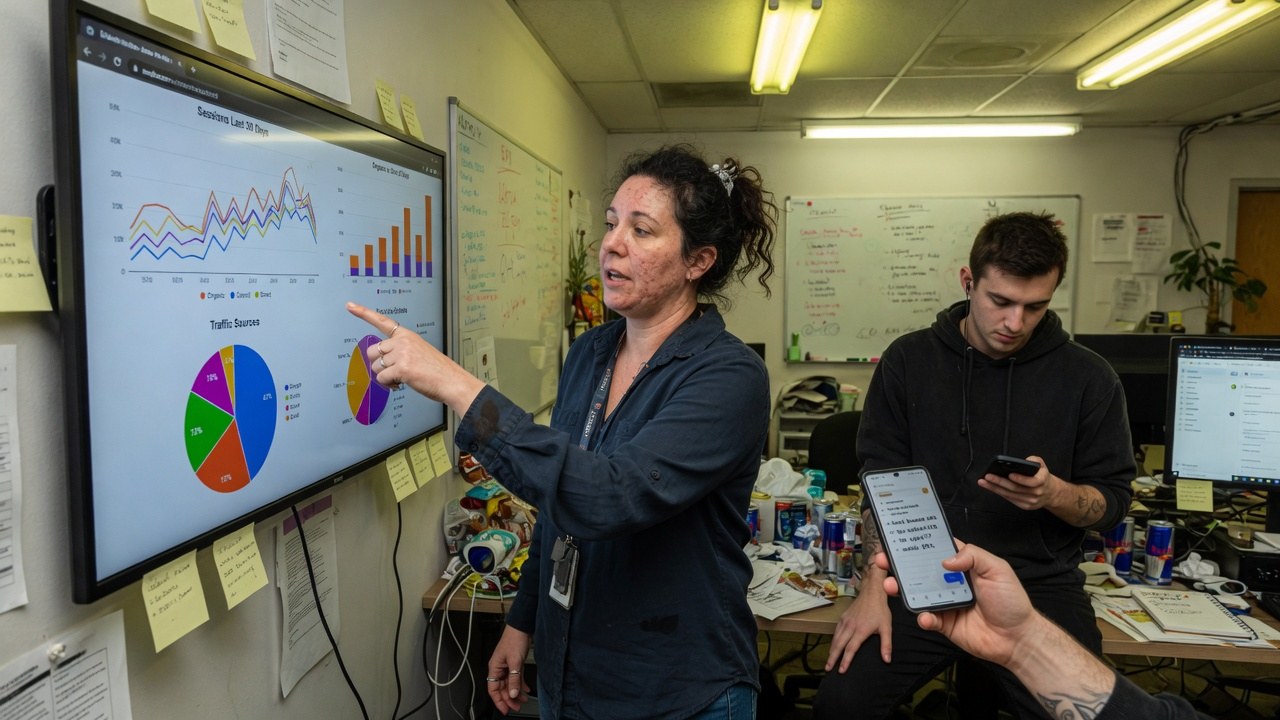 An analyst pointing at a wall-mounted dashboard of session trends and traffic sources while a colleague takes notes — the everyday argument a governed metric layer is built to settle.