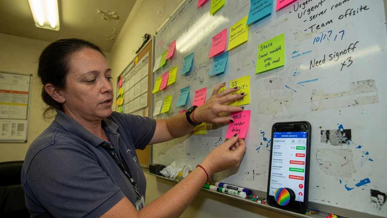 An operations coordinator moving sticky notes on a scuffed whiteboard while a phone mounted beside it shows an approval queue.