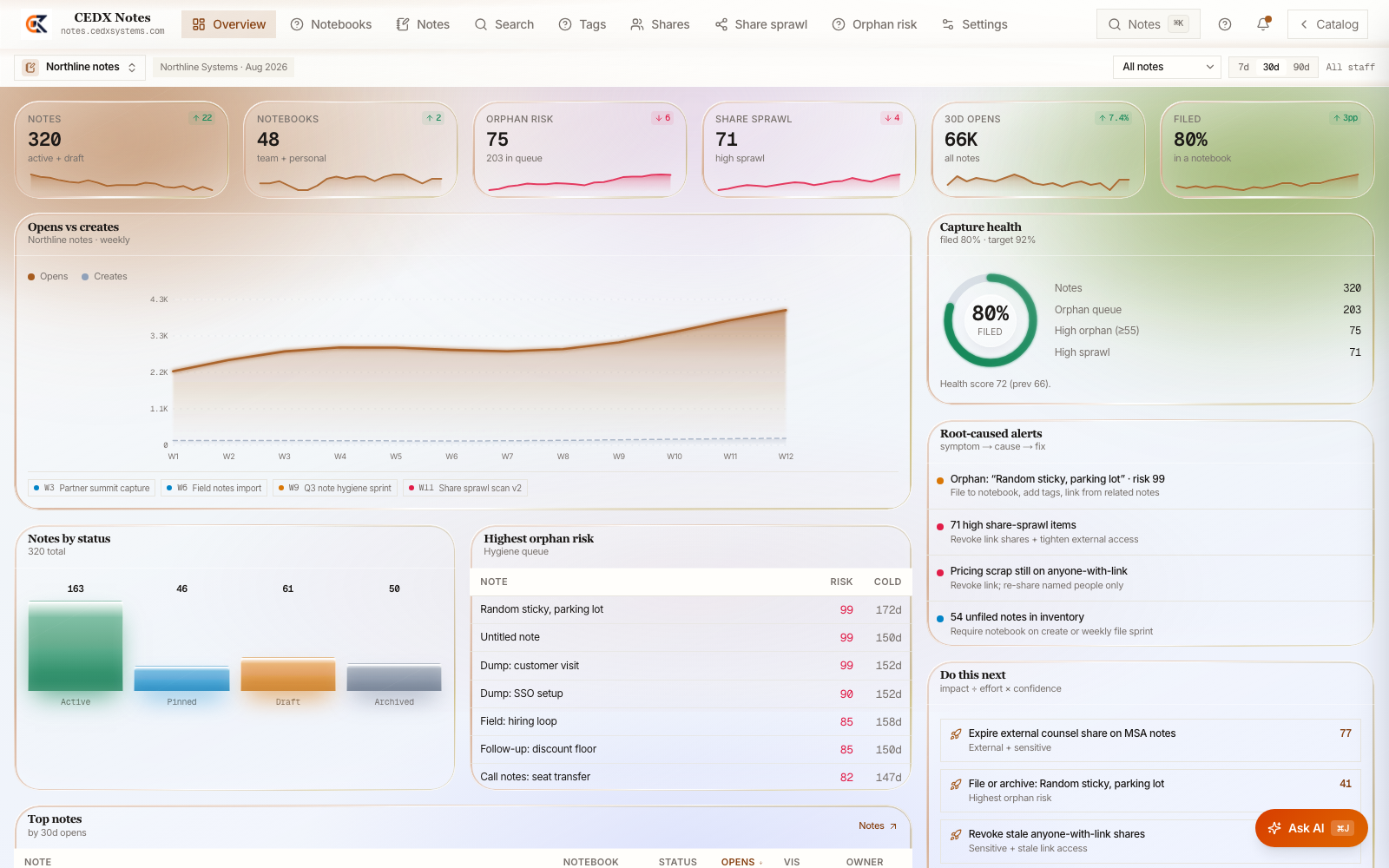 CEDX Notes overview: notes, notebooks, orphan-risk and share-sprawl cards, an opens-vs-creates chart and the capture-health ring.