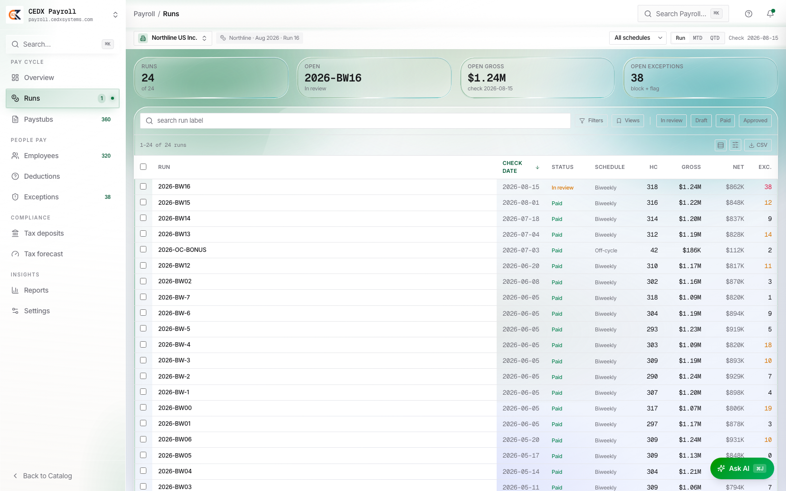 CEDX Payroll Runs screen.